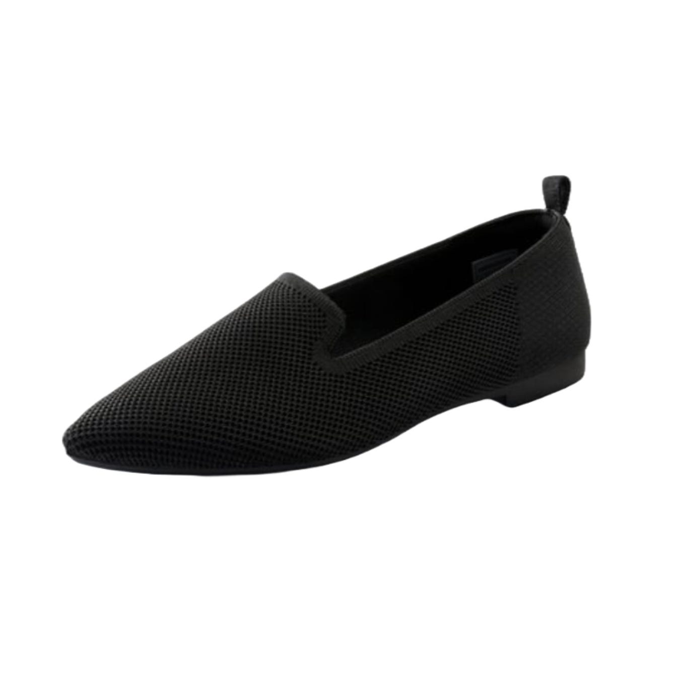 Black knit loafers with a pointed toe design and a small pull tab at the heel.