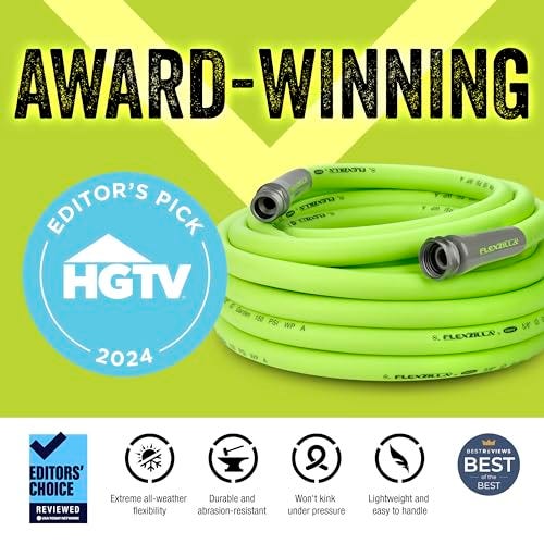 A lime green Flexzilla garden hose coiled up with connectors on both ends, highlighted by icons for its all-weather flexibility, durability, kink resistance, and lightweight design; awarded HGTV's Editor's Pick for 2024.