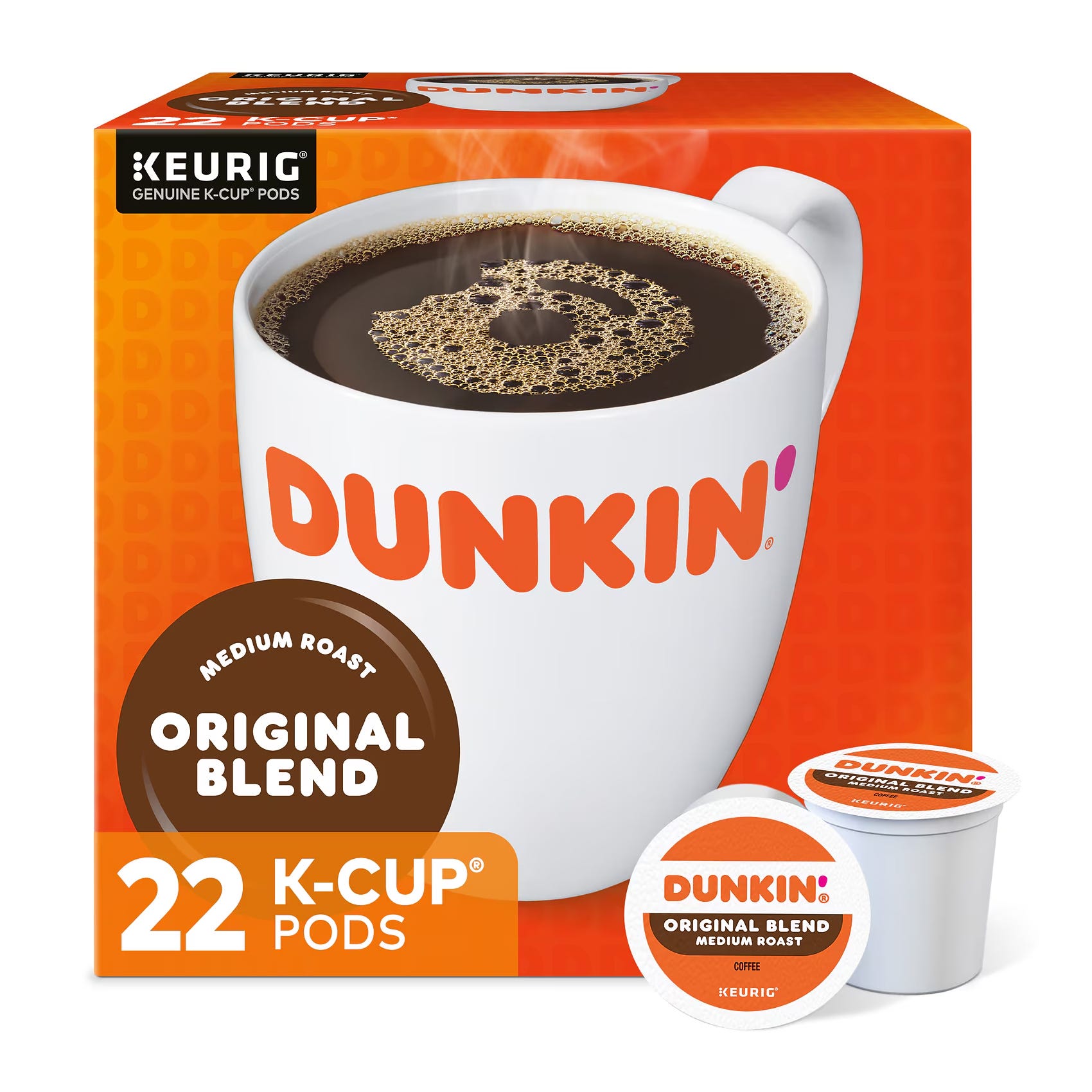 Dunkin' Original Blend Medium Roast coffee, 22 K-Cup pods for Keurig machines.