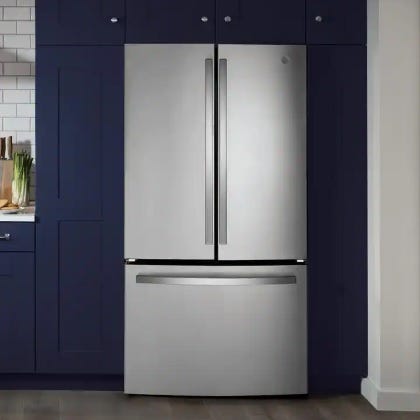 Stainless steel French door refrigerator with bottom freezer.