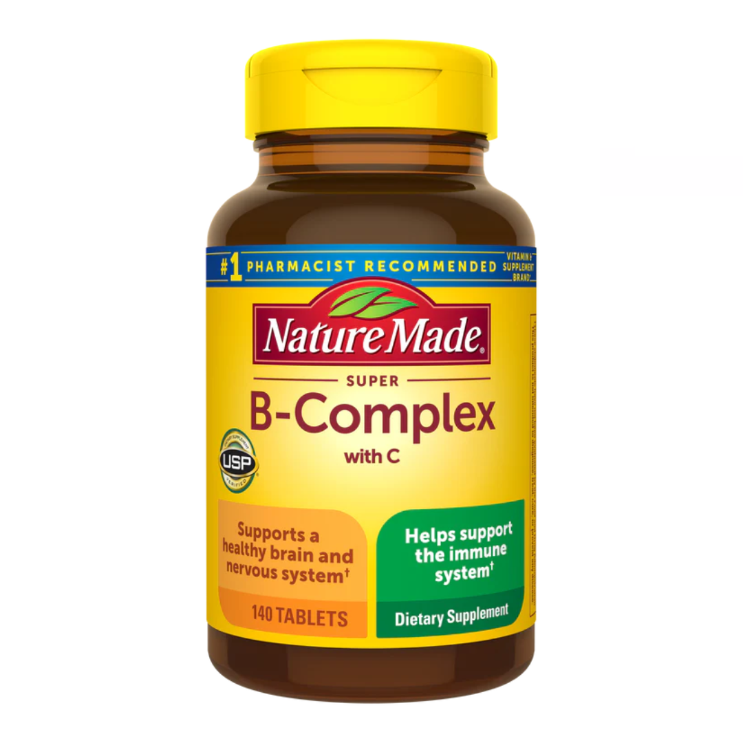 NatureMade Super B-Complex with Vitamin C contains 140 tablets designed to support a healthy brain, nervous system, and immune system, featuring USP verification.
