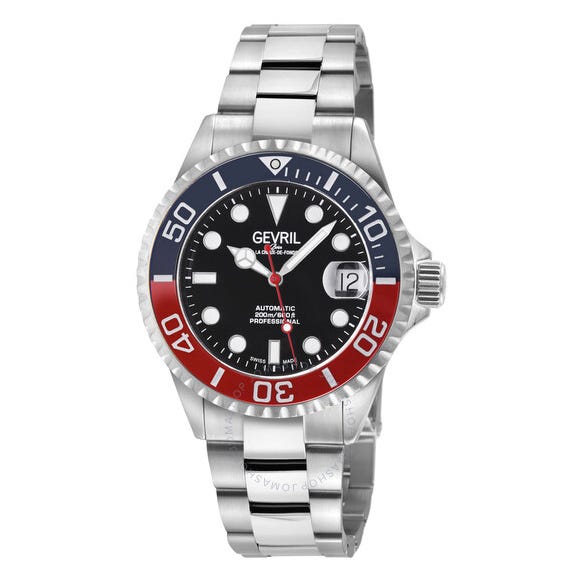 A Gevril watch with a stainless steel bracelet, black dial, and a red and blue unidirectional bezel. It features automatic movement, luminous markers, and a date display at 3 o'clock.