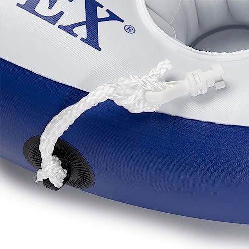 Close-up of a white and blue Intex inflatable cooler with a rope handle and black connectors.