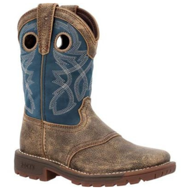 Brown Rocky Western Boots with a distressed leather finish, blue shaft with intricate white stitching, pull tabs with holes for easy wearing, and a sturdy brown sole.