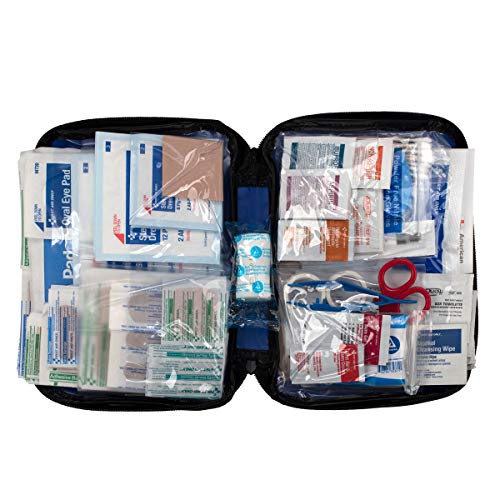 An open first aid kit displays various medical supplies, including bandages, scissors, wipes, and gauze, all neatly organized in clear pockets.