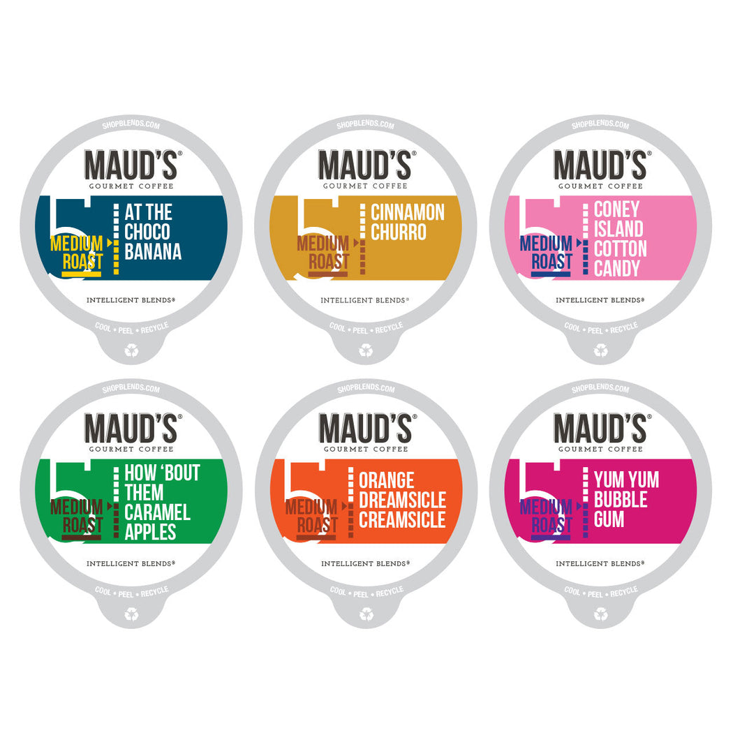 Nine varieties of Maud's Gourmet Coffee pods, each featuring a unique flavor like Cinnamon Churro and Orange Dreamsicle.