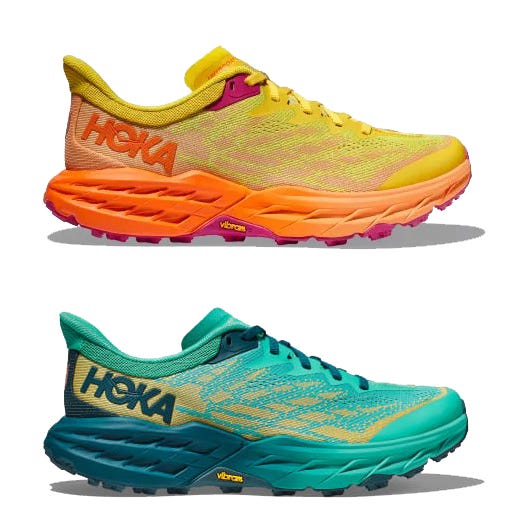 Two pairs of Hoka brand running shoes, one in yellow to orange gradient and the other in blue to green. Both have chunky soles.