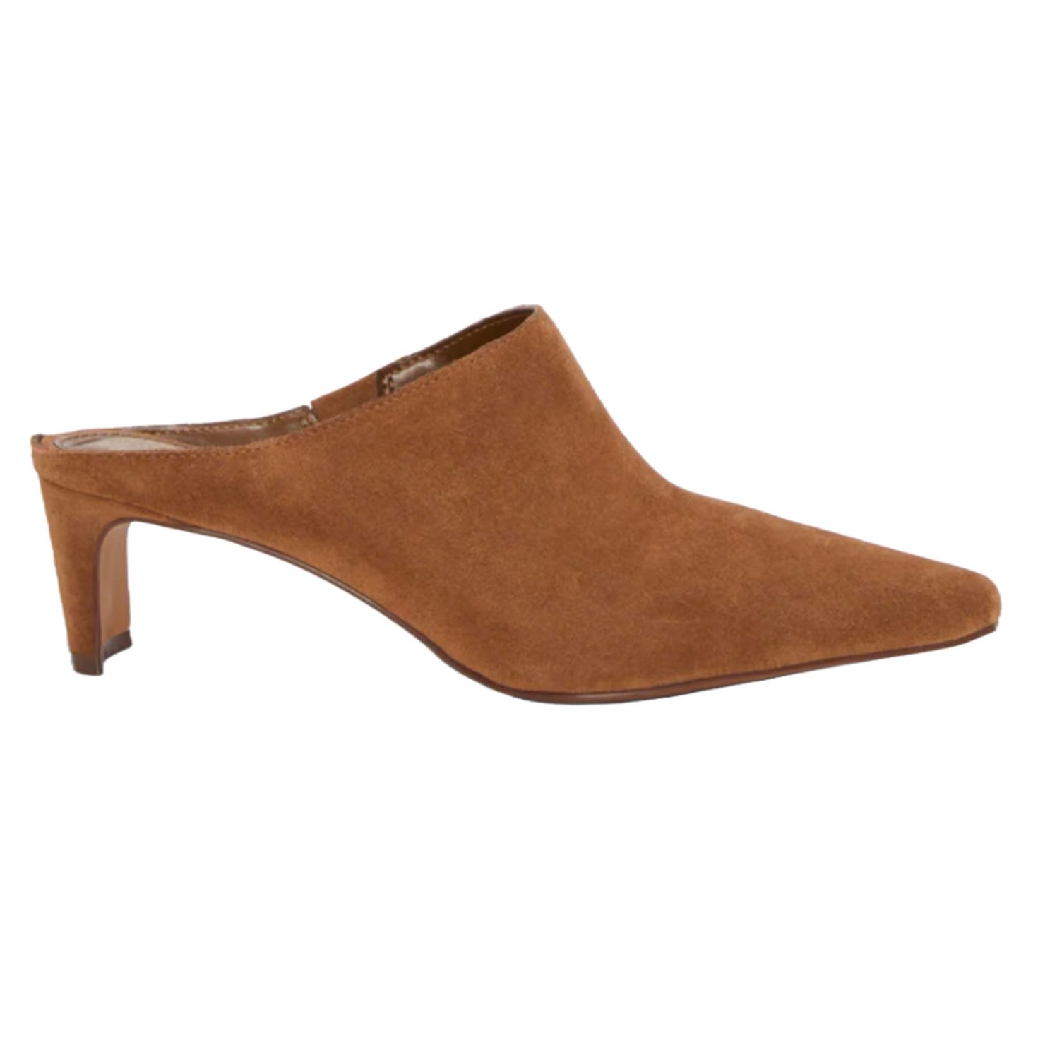 Brown suede mules with a pointed toe and low heel, featuring a slip-on design.