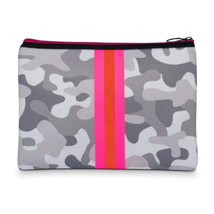 A gray camo-patterned wristlet with a central pink and red stripe, featuring a black zipper at the top.