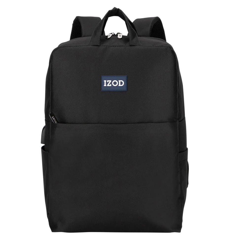 A black IZOD backpack with a minimalist design, featuring a front logo, two top handles, and side pockets.