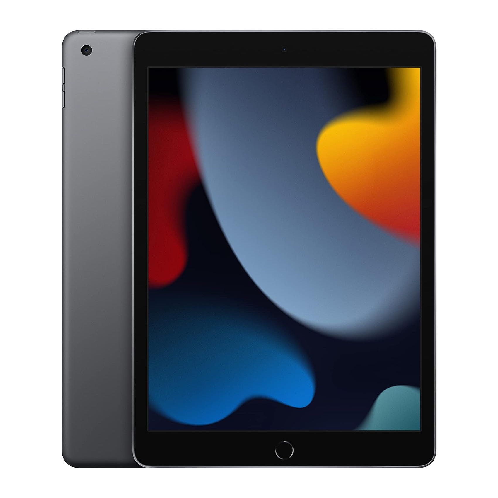 An iPad with a black bezel, button on the bottom, and a colorful wallpaper.