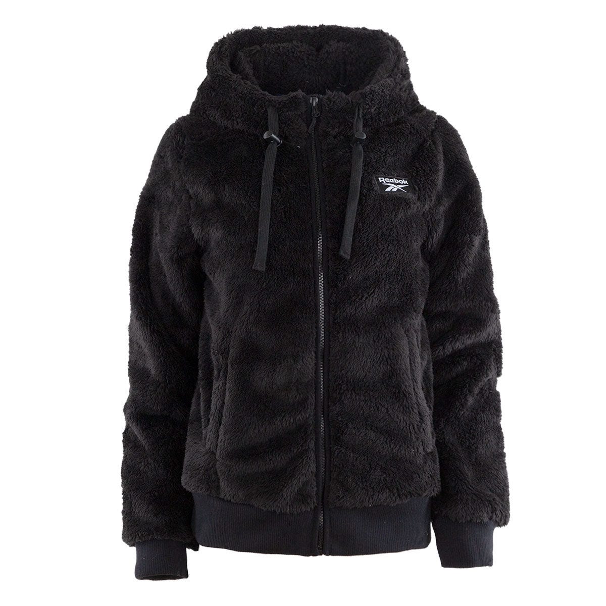 Reebok Heavy Lined Jacket is a black, plush, hooded zip-up jacket with drawstrings and ribbed cuffs, offering warmth and comfort.