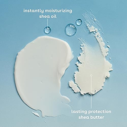Two swatches of Eos Vanilla Cashmere Body Lotion, one smooth showing shea oil for instant moisture and the other textured indicating lasting protection with shea butter.