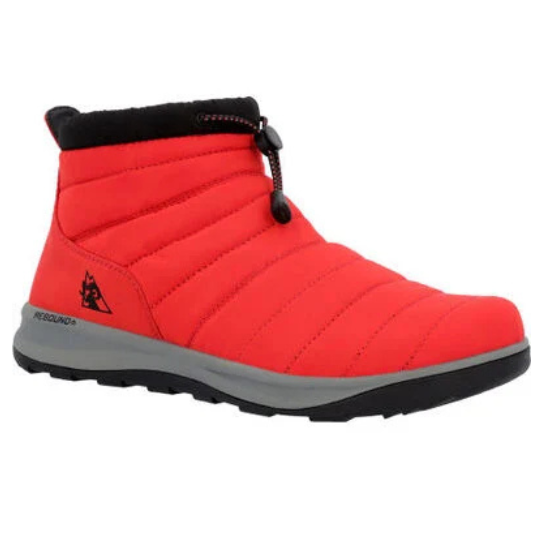 Red ankle-high outdoor shoes with a padded design, black fleece lining, adjustable drawstring closure, and a sturdy gray and black rubber sole suitable for various terrains.