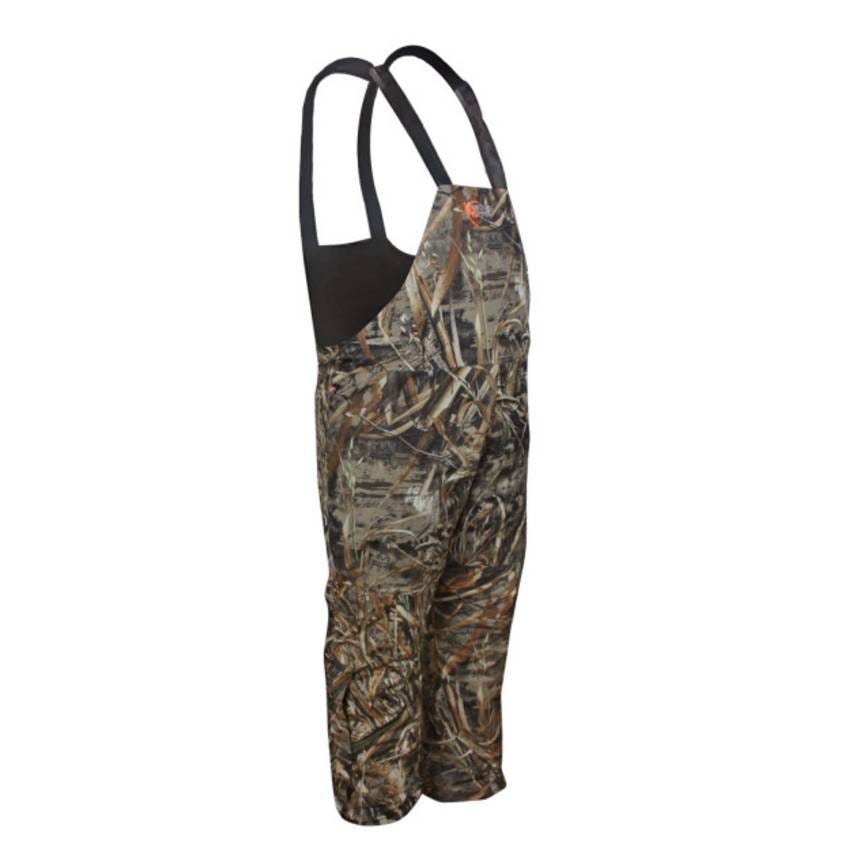 Camouflage bibs with adjustable shoulder straps and a chest pocket, designed for outdoor and hunting activities, featuring natural tones and patterns for concealment.