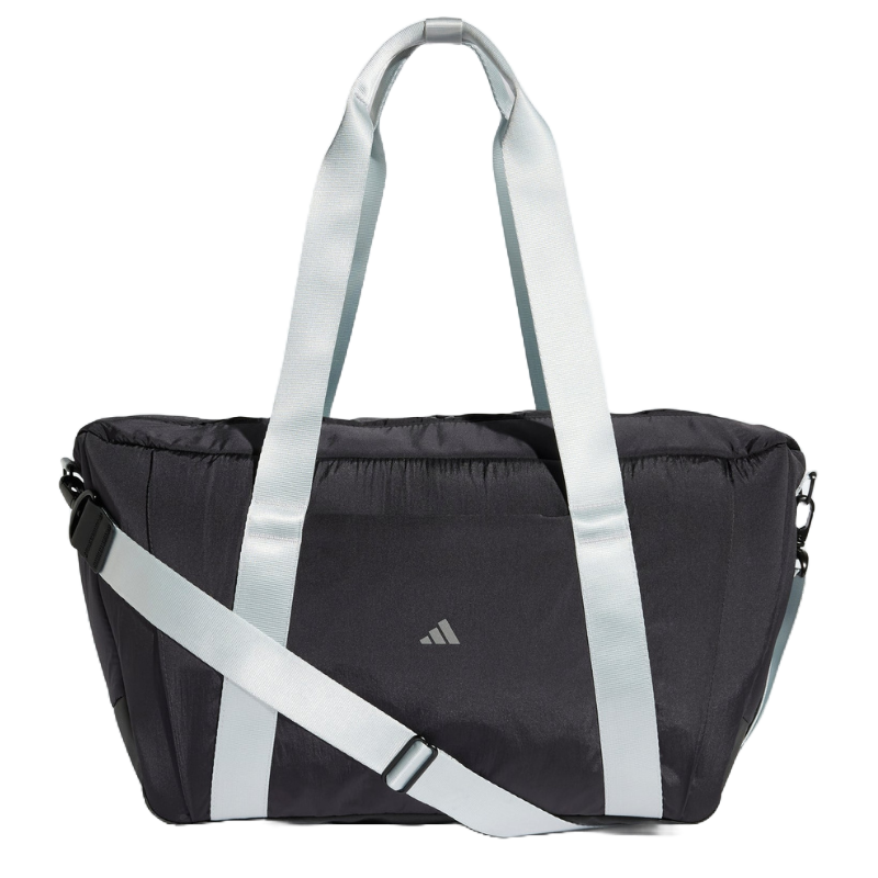 Black duffel bag with light gray adjustable shoulder strap and handles, featuring a small logo on the front.