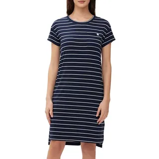 A woman wearing a navy and white striped t-shirt dress with short sleeves.