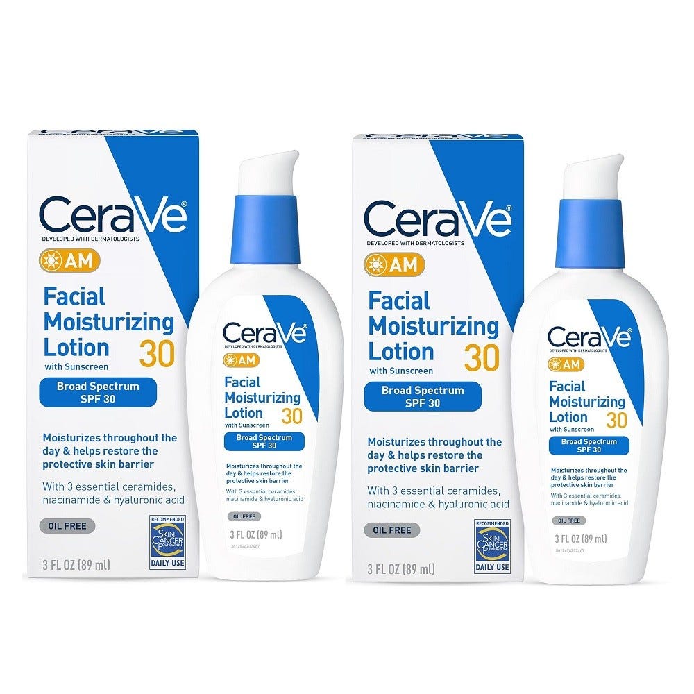 CeraVe Facial Moisturizing Lotion AM with SPF 30, 3 fl oz, includes sunscreen, niacinamide, hyaluronic acid, and essential ceramides.