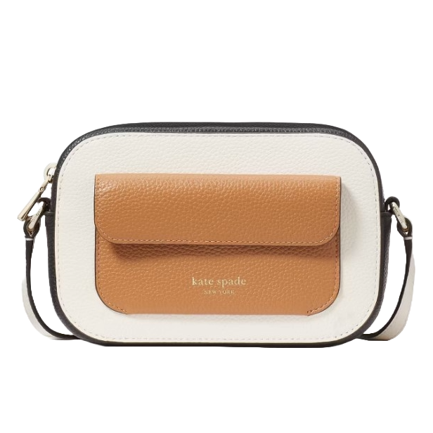 Kate Spade Ava Colorblocked Crossbody is a compact handbag with a white body and tan front pocket, featuring a pebbled leather texture, adjustable strap, gold-tone hardware, and logo on the pocket front.
