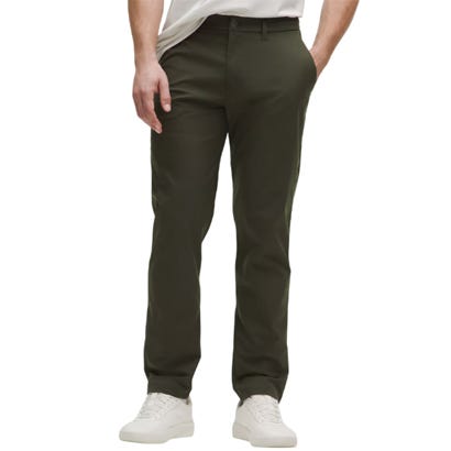 Lululemon ABC Classic-Fit Trousers feature a sleek, olive-colored design with a tailored fit, belt loops, and side pockets. Made for comfort and versatility, they pair well with casual or semi-formal looks.