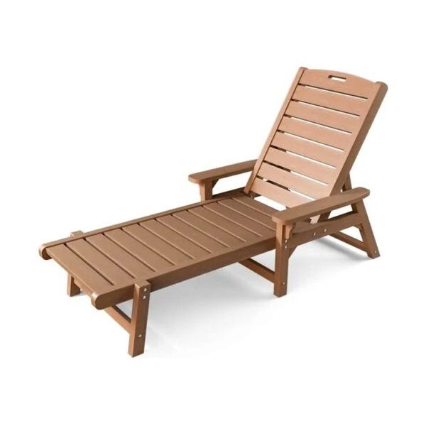 Brown outdoor reclining chaise lounge chair with armrests.