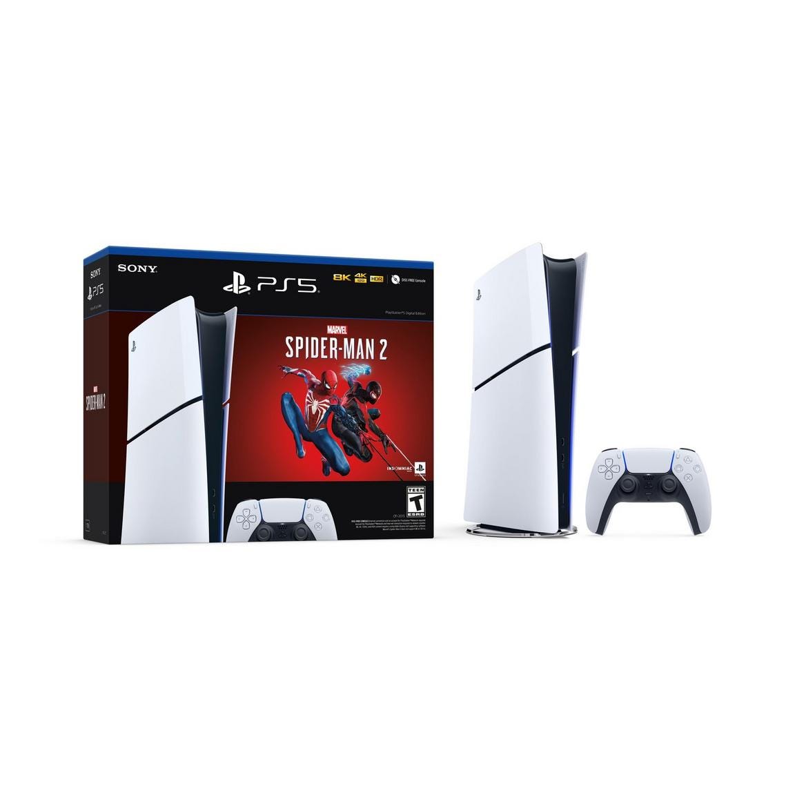Sony PlayStation 5 console with a controller and a Spider-Man 2 game box.