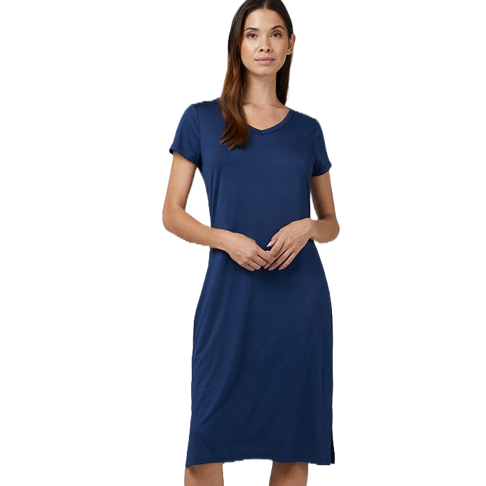 A woman is wearing a knee-length, short-sleeved, navy blue dress with a V-neck design.