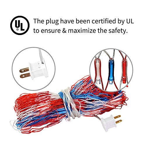 LED light strands in red, white, and blue are bundled together, with a plug certified by UL for safety.