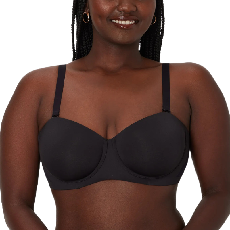 Black strapless minimizer bra with molded cups, underwire support, and adjustable straps, designed to provide a smooth silhouette.