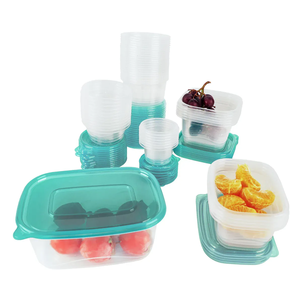 A 100-piece set of clear plastic food storage containers with teal lids, including various sizes for stacking and organizing. Some containers hold grapes, oranges, and tomatoes.