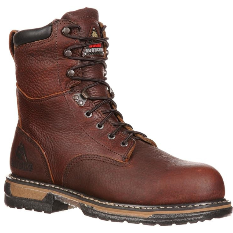 Rocky IronClad Waterproof Work Boots feature a brown leather design with reinforced toe, metal eyelets, secure lacing, padded collar, and a sturdy, slip-resistant sole for durability and protection.