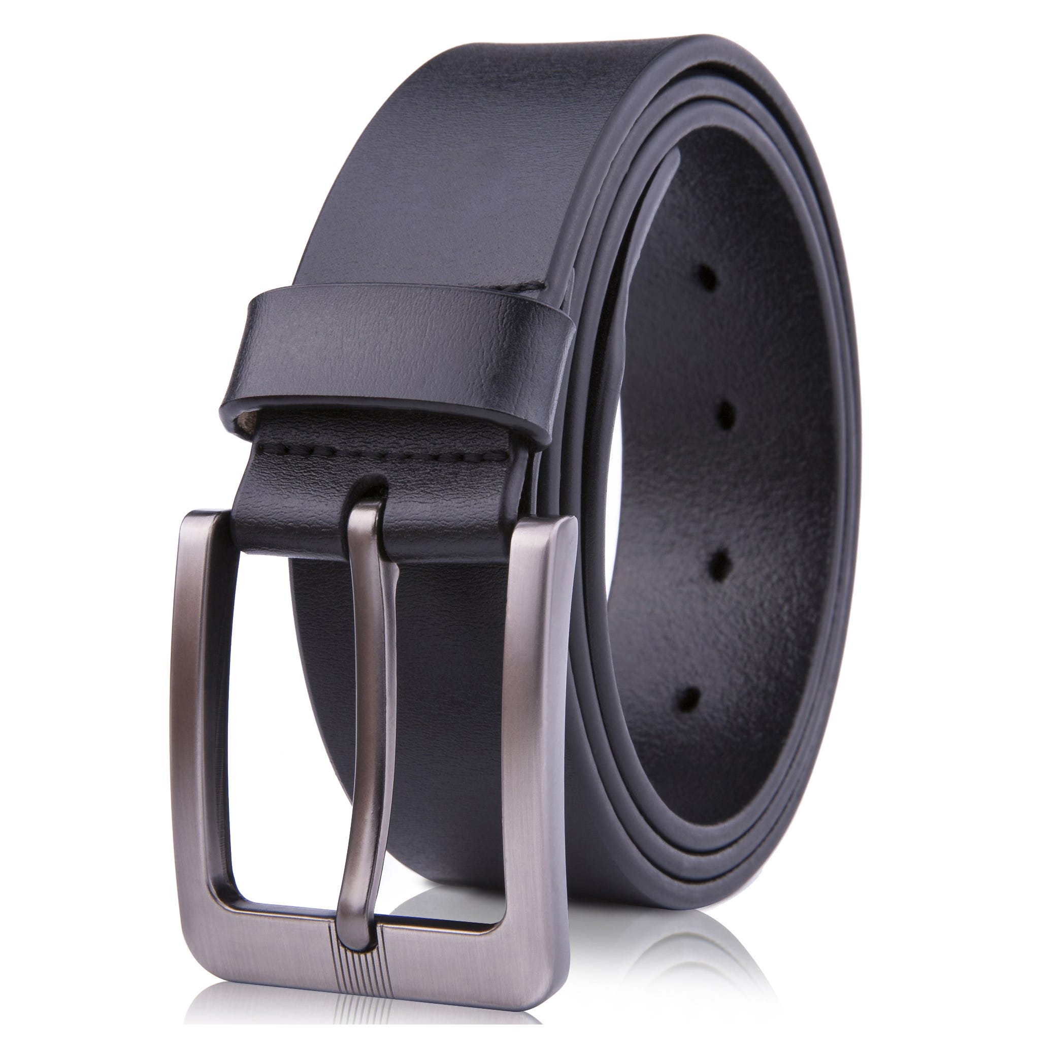 A rolled-up black leather belt with a silver rectangular buckle.