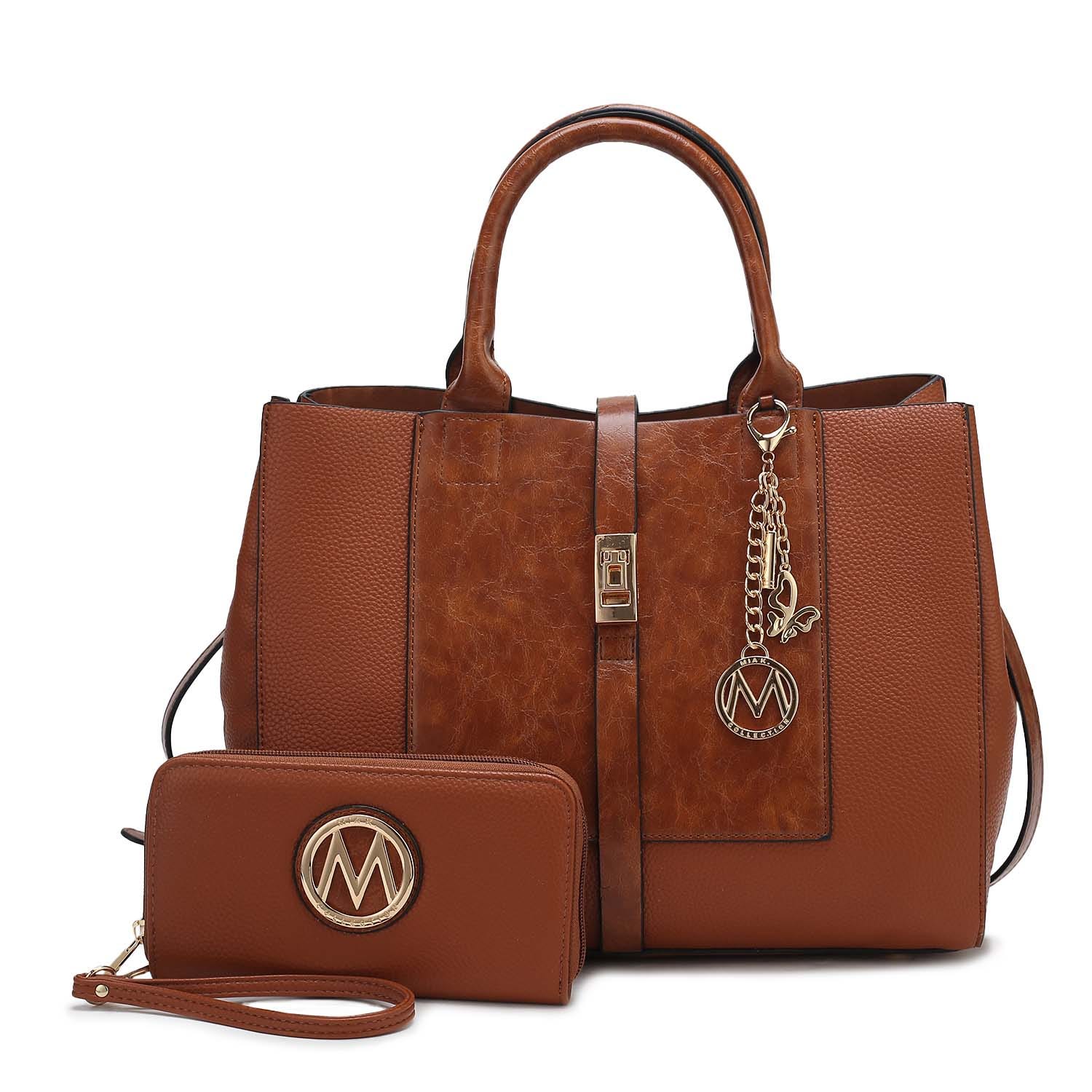 Brown handbag with matching wallet, featuring gold-tone chain and lock accents, as well as an \“M\“ emblem.