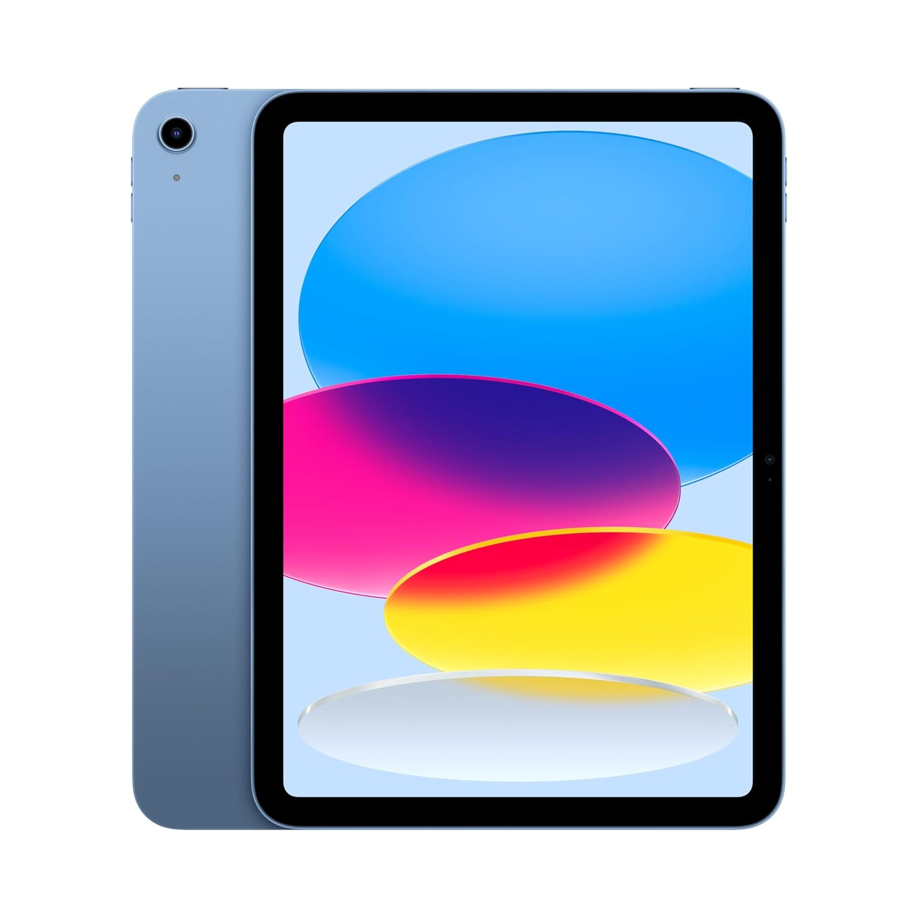 A sleek, blue Apple iPad with a prominent display showing colorful, abstract ovals. The device features a single rear camera and thin bezels.