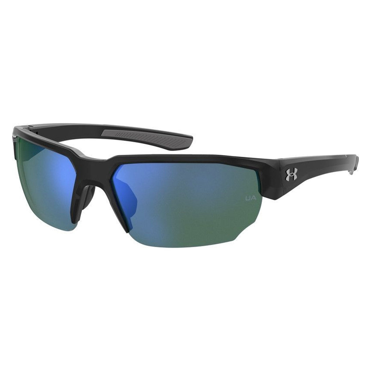 Sunglasses with a black frame and blue reflective lenses, featuring the Under Armour logo on the temples.