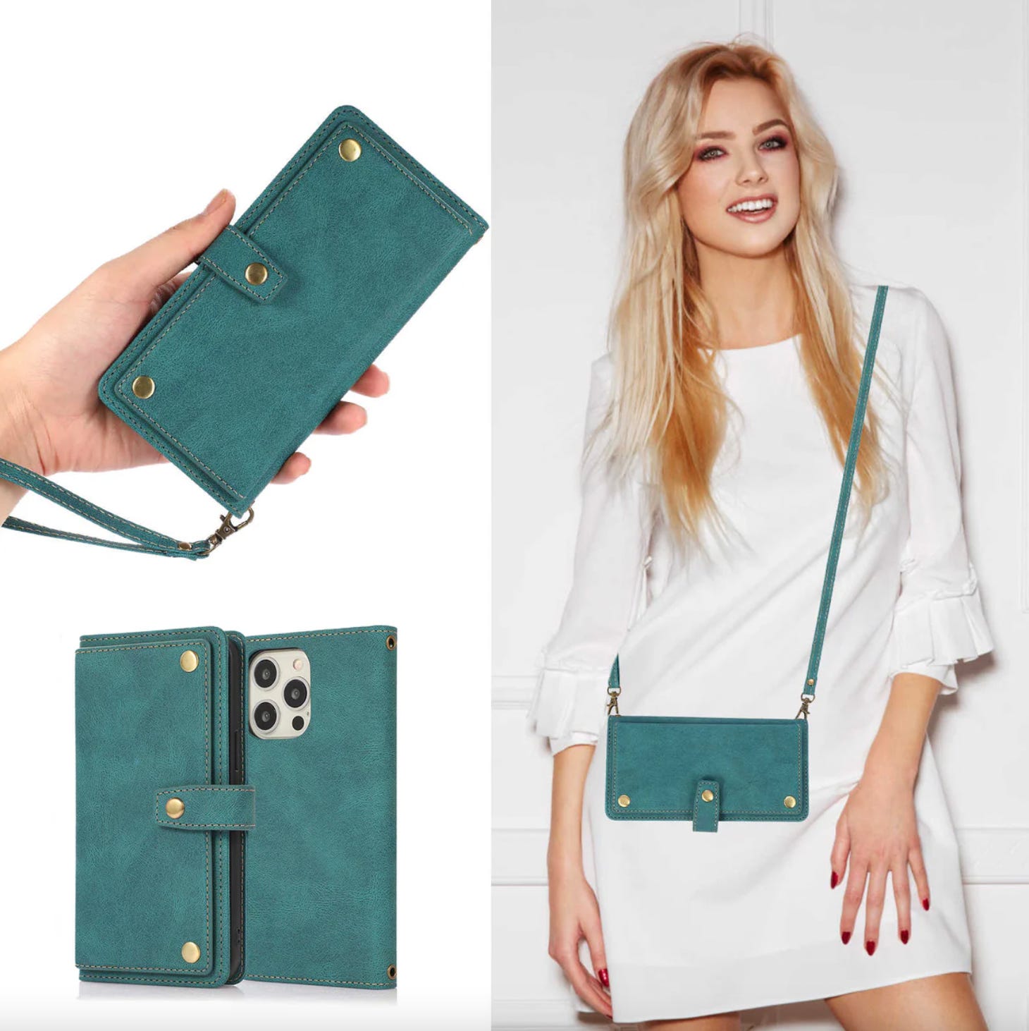 A teal smartphone wallet case with a wrist strap and, in another view, worn as a crossbody purse by a woman in a white dress.
