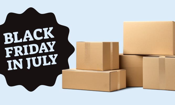 black friday in july text over black background with red shopping bags