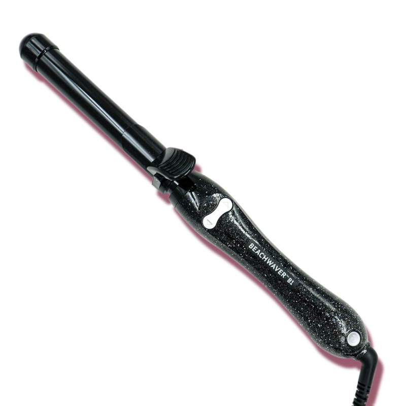 Beachwaver B1 curling iron with a black glittery handle and automatic rotating barrel.