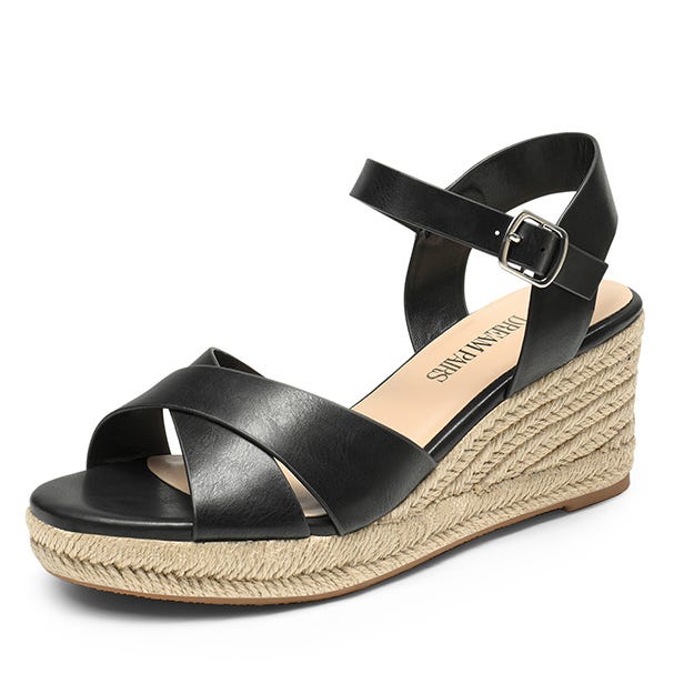 Black wedge espadrille sandal with an ankle strap and crisscross front straps.