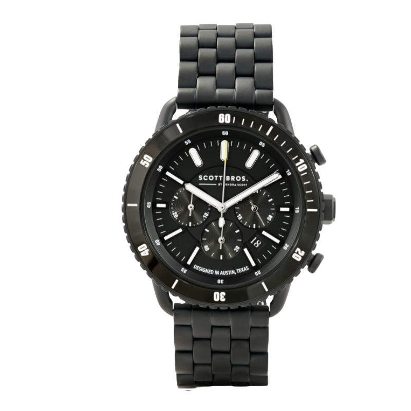 A black chronograph watch from Scott Bros, featuring a black metal bracelet, multiple sub-dials, and luminous hands, designed in Austin, Texas.