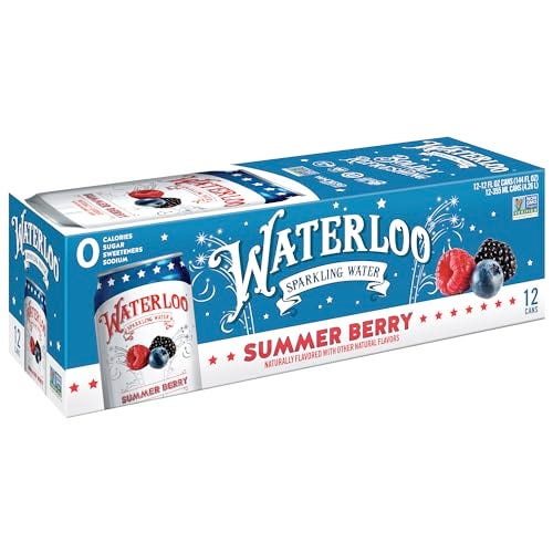 A pack of Waterloo Summer Berry flavored sparkling water with 12 cans, featuring red and black berries on a blue background.