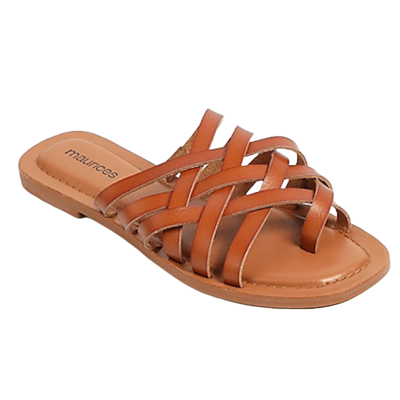 A brown sandal with multiple interwoven straps and a flat sole, featuring the brand name \“maurices\“ on the footbed.