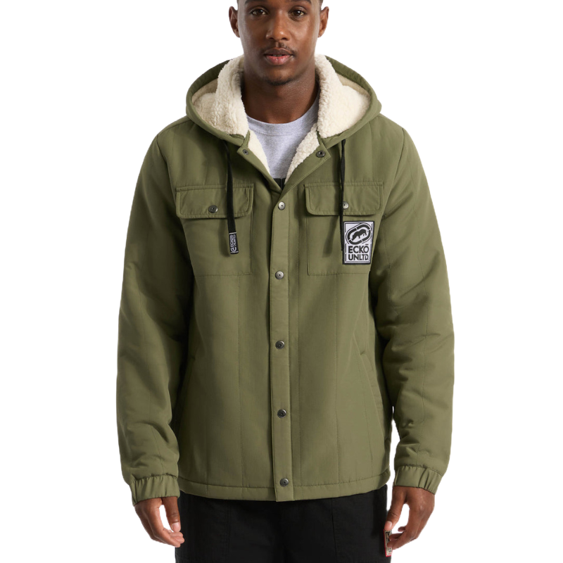Olive green hooded jacket with faux shearling lining, button closure, and two chest pockets. Features the Ecko Unltd logo patch on the chest.