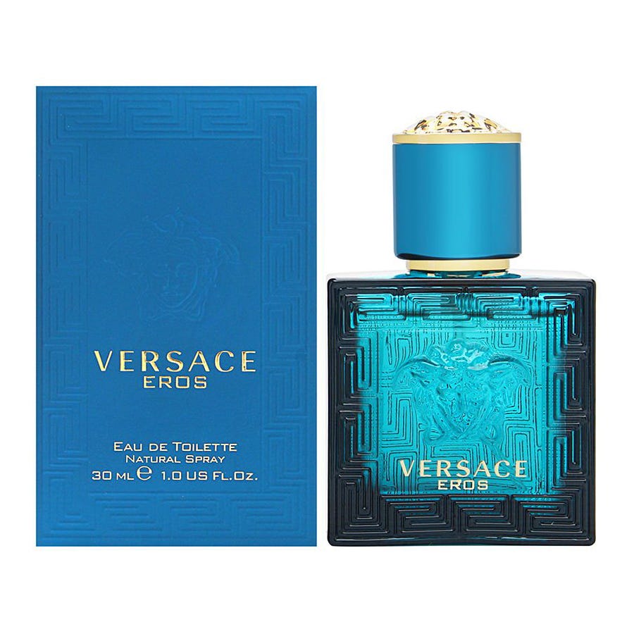 Versace Eros Eau de Toilette Spray, shown with packaging, comes in a turquoise bottle featuring a Greek key design and Medusa emblem. The label reads 30 ml (1.0 US FL OZ) Natural Spray.