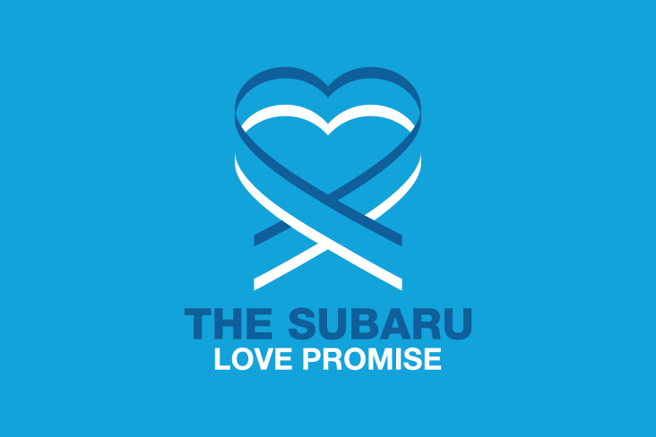 The Subaru Love Promise logo, featuring two heart shapes – a white heart is on the bottom and a dark blue heart is on the top; they are intertwined on a light-blue background. Below the hearts, it says: The Subaru Love Promise.