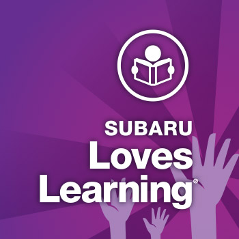Subaru Loves Learning logo. Three illustrated hands are reaching up to the words Subaru Loves Learning in white lettering. The background is purple. In a white circle above the lettering, is an illustration of a person reading a book.