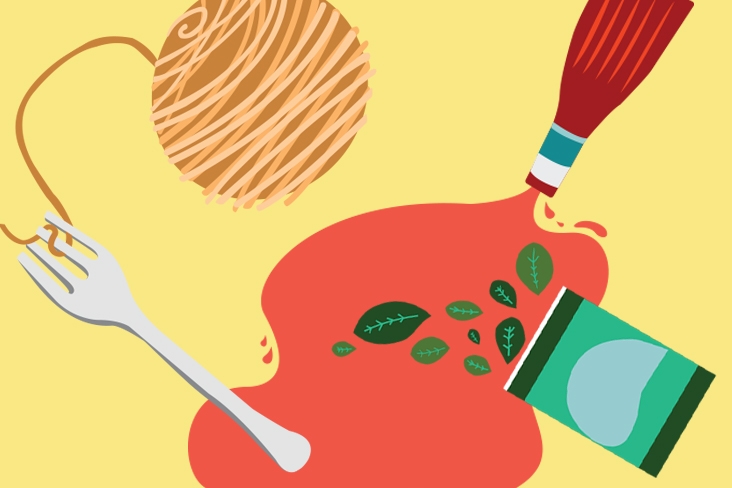 Pastel illustration of twine wrapped around a fork with a bottle of catsup spilling onto an open can of spinach