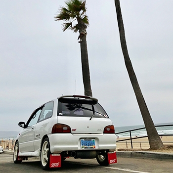The Vivio parked next to a pair of palm trees.