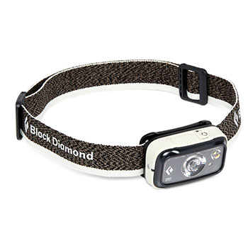 A headlamp with a speckled black strap that has a Black Diamond logo on the side 