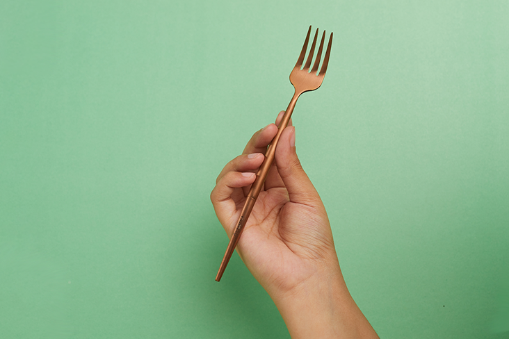 hand holding bronze fork